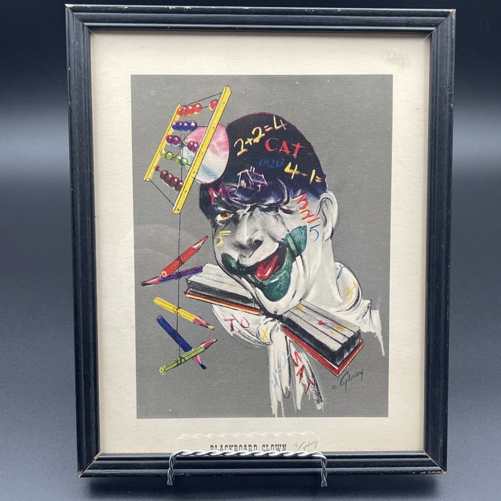 Vintage Cydney Grossman Blackboard Clown Framed Print‎ 1950s Mid Century Art